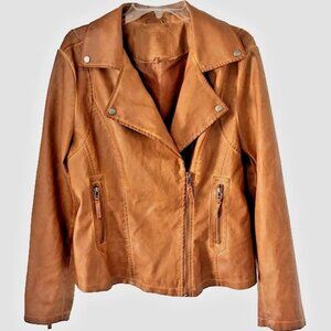 Max Studio XL Tan Cognac Faux Leather Moto Jacket Notch Lapel Zip Pockets Biker